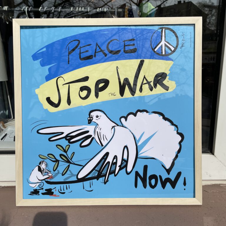 Friedenstaube vs Putin - Zeichnung Verkauf als Spende für die Ukraine-Hilfe Zeichnung im Bilderrahmen Darstellung einer Friedenstaube mit Putin am ovalen Verhandlungstisch