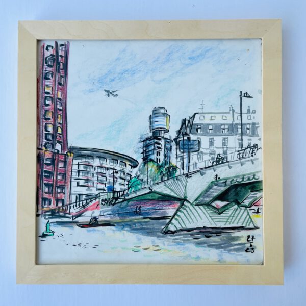 Henningerturm, Blick vom Mainufer unter der Flößerbrücke mit Mainplaza