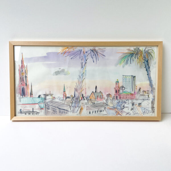 Frankfurt-Dom-Paulskirche-Panorama mit Palme City-Beach im Sonnenuntergang